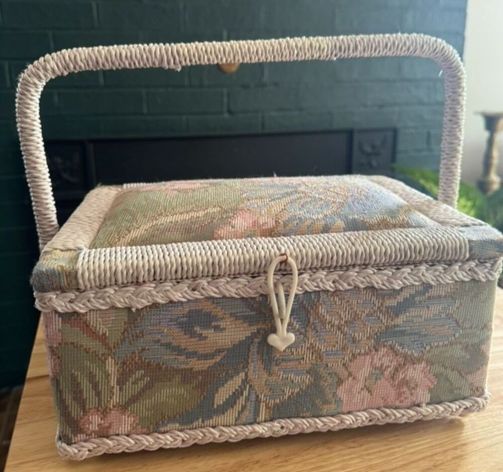Vintage Singer Sewing Box, Floral Tapestry Wicker Basket, Blue, Pink Satin